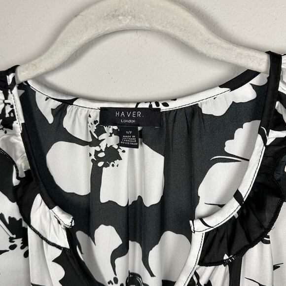 Haver Black & White Floral Print Half Sleeve V-Neck Blouse Women's Small - Picture 4 of 6
